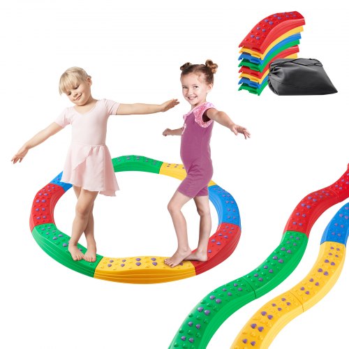 Two children balancing on colorful interlocking non-slip balance beam stepping stones.