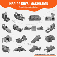 Bostome Modular Kids Play Couch with 15 foam pieces in various shapes for toddler play.