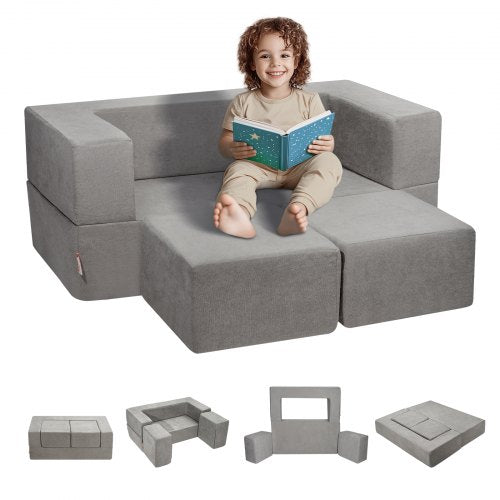 Grey modular kids play couch with soft fabric and multiple geometric pieces for versatile seating.