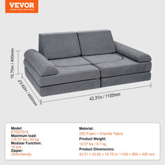 Grey 10-piece modular kids play couch with removable chenille cover and dimensions.