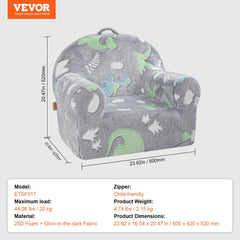 Grey toddler armchair with glow-in-the-dark dinosaur print and dimensions.