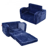 Blue 2-in-1 foldable kids toddler couch sofa bed in sofa and flat mat positions.