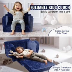 Blue foldable kids couch that transforms from sofa to bed, shown with children playing.