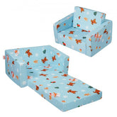 Sky blue fold-out toddler sofa bed made of foam, transforming from chair to nap mat.
