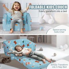 Sky blue fold-out toddler sofa bed made of foam with removable, washable cover.