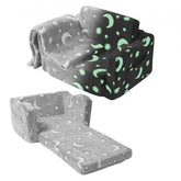Gray glow-in-the-dark fold-out kids sofa with moon and star patterns, shown as chair and flat mat.