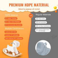Infographic comparing premium HDPE material benefits of white rocking horse to regular materials, with certifications.