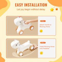 Infographic showing easy installation steps for a white 3-in-1 rocking horse with handle attachment and base assembly.