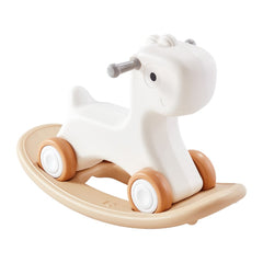 White HDPE 3-in-1 rocking horse for toddlers, featuring unicorn design, rocking base, wheels, and balance board.
