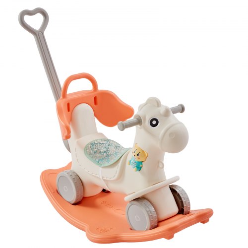 Red 4-in-1 rocking horse for toddlers, featuring a sturdy design and adjustable safety belt.