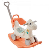 Red 4-in-1 rocking horse for toddlers, featuring a sturdy design and adjustable safety belt.