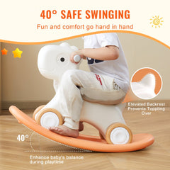 Red Bostome 3-in-1 rocking horse for toddlers, shaped like a unicorn with smooth wheels.
