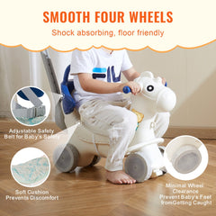 Blue 4-in-1 rocking horse with detachable parts for toddlers, featuring a high backrest and safety belt.