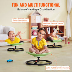 Green kids sensory swivel chair with children playing on it for balance training.
