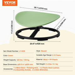 Green kids sensory swivel chair with metal base and plastic seat for ages 3 to 12 years.