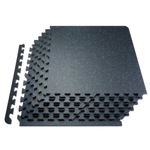 Black and blue interlocking gym floor mats with a rubber top, 0.56 inches thick.