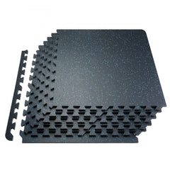 Black and blue interlocking gym floor mats with a rubber top, 0.56 inches thick.