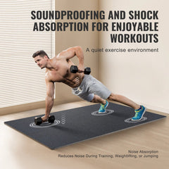 Black and blue interlocking rubber EVA foam gym floor mats, 0.56 inches thick, shown under a man doing a lunge with dumbbells.