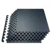 Stack of 25 black and blue interlocking rubber-top EVA foam gym floor mats, 0.56 inches thick.