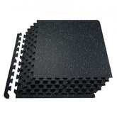 Bostome gym floor mats with 0.56" thick rubber top and EVA foam base in 25 interlocking tiles.