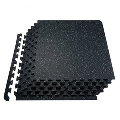 Bostome gym floor mats with 0.56" thick rubber top and EVA foam base in 25 interlocking tiles.