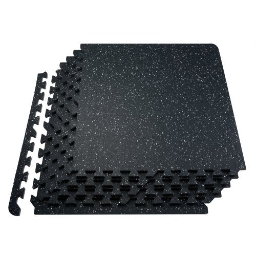 Black and white interlocking rubber gym floor mats, 0.56 inches thick, with 6 tiles.