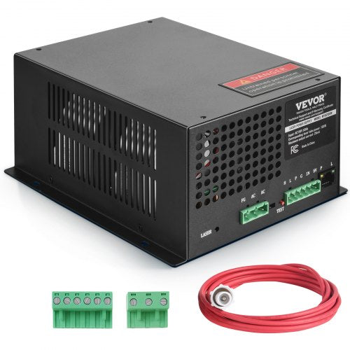 Black Bostome CO2 laser power supply for 100W tubes with red cable and connectors.