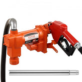 Bostome 12V DC fuel transfer pump with auto nozzle, 16 GPM flow rate and rugged design.