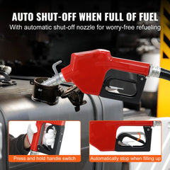 Bostome 12V DC fuel transfer pump with auto nozzle, designed for diesel and gasoline use.