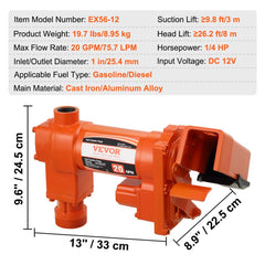 Bostome 12V DC fuel transfer pump with cast iron body and integrated fuel collection box.