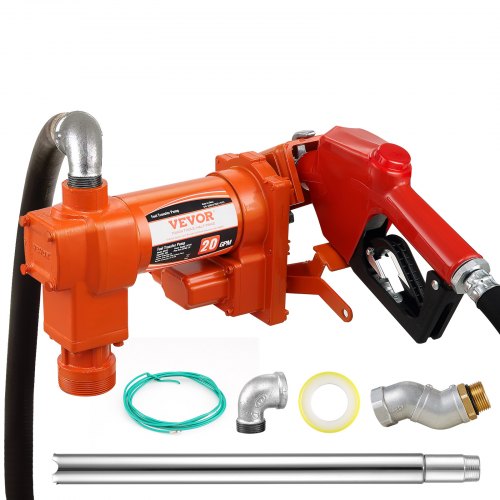 Orange 12V DC 20 GPM fuel transfer pump with auto nozzle, hose, and suction pipe.