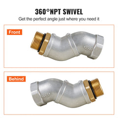 Silver 360-degree NPT swivel fitting with male and female threaded ends, shown from front and behind views.