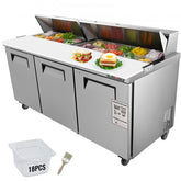Stainless steel 72" sandwich prep table with three doors and adjustable shelves for food prep.