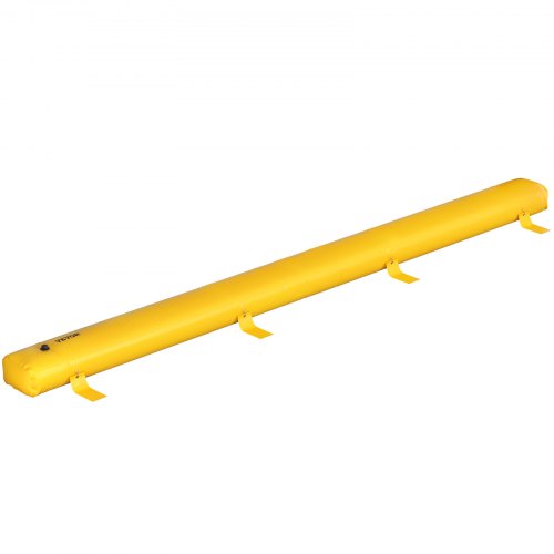 Yellow 24ft reusable PVC flood barrier with D-rings and hooks for secure water diversion.