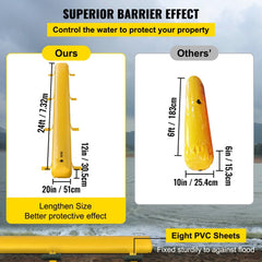 Yellow 24ft reusable PVC flood barrier with D-rings and hooks for secure water diversion.