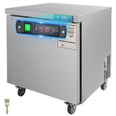 Stainless steel 28" undercounter refrigerator with digital controls and adjustable shelves.