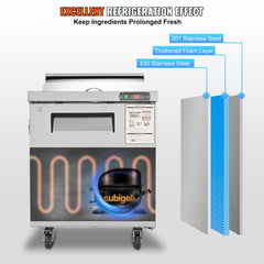 Stainless steel sandwich prep table with detachable chopping board and adjustable shelves.