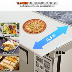 Stainless steel sandwich prep table with detachable chopping board and adjustable shelves.