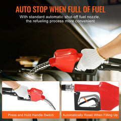 Bostome 12V diesel fuel transfer pump with auto nozzle and durable cast iron construction.