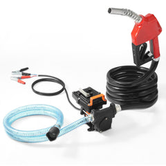 Bostome 12V diesel fuel transfer pump with auto nozzle and durable cast iron construction.
