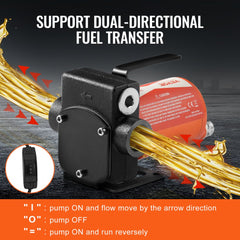 Bostome 12V diesel fuel transfer pump with auto nozzle and durable cast iron body.