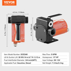 12V diesel fuel transfer pump with auto nozzle, 5 GPM flow rate, and durable cast iron body.