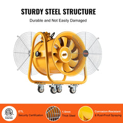 Yellow 16-inch portable industrial exhaust fan with sturdy steel frame and wheels.