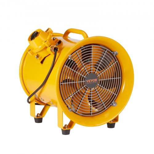 Yellow 12-inch portable industrial exhaust fan with black grille and carry handle.