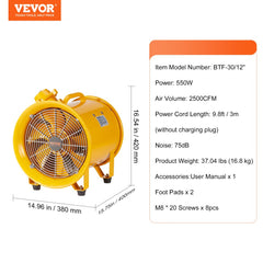 Yellow 12-inch portable industrial exhaust fan with 550W power, 2500 CFM airflow, and carry handle.