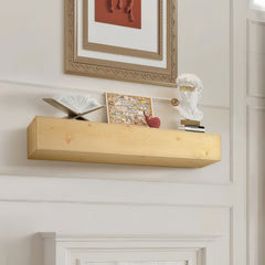 Bostome rustic natural pine wood floating mantel shelf with visible grain and knots.