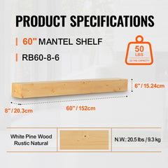 Bostome rustic natural pine wood floating mantel shelf, 60 inches long with visible grain and knots.