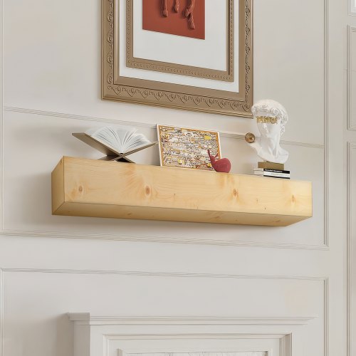 Bostome 72" floating mantel shelf made of rustic natural pine wood with visible grain and knots.
