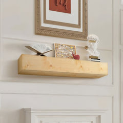 Bostome 72" floating mantel shelf made of rustic natural pine wood with visible grain and knots.