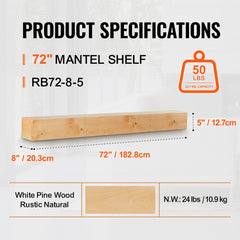 72-inch rustic natural pine wood floating fireplace mantel shelf with visible grain and knots.